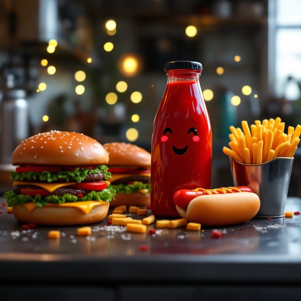 Smiling Ketchup Bottle with Burgers and Hotdogs in Cozy Kitc...