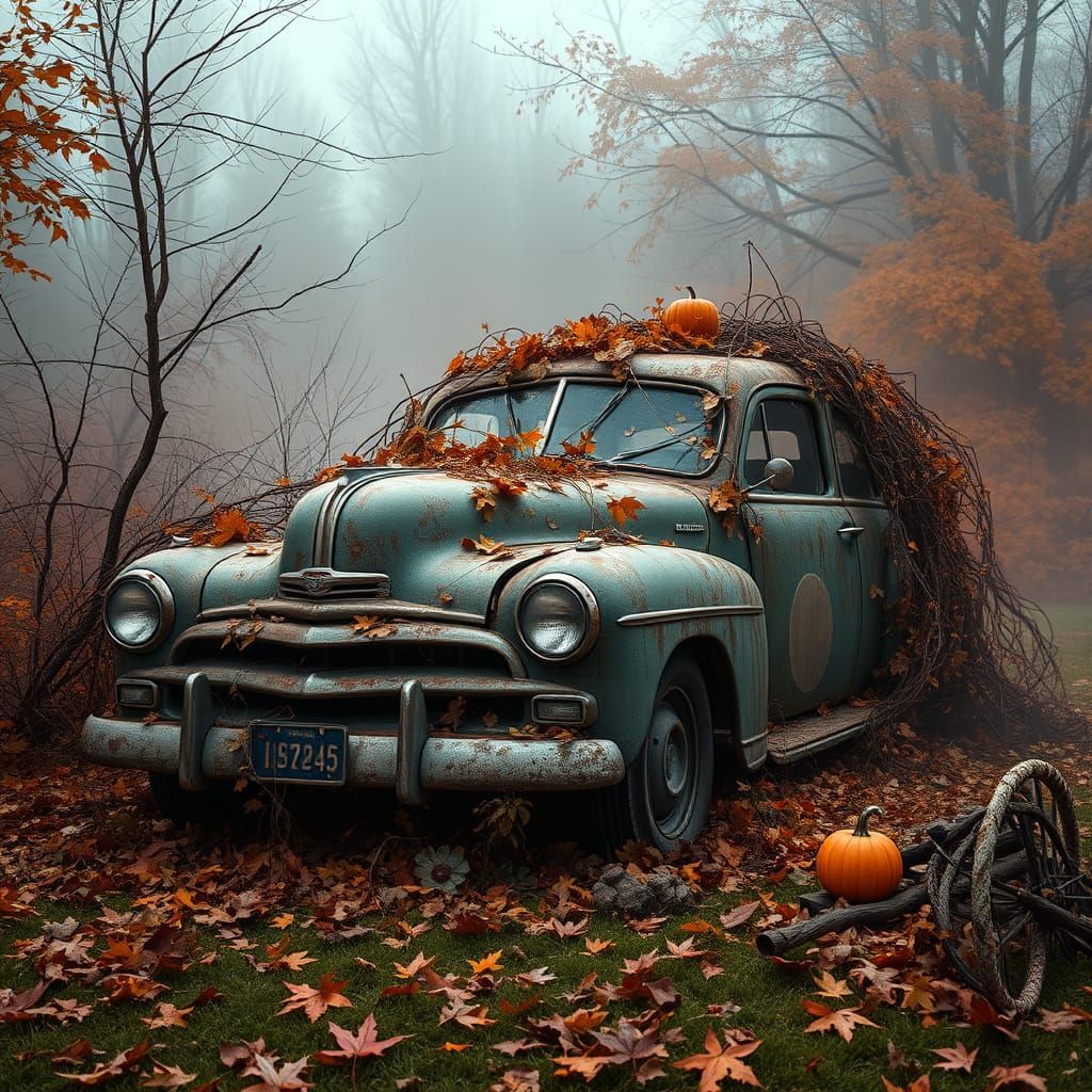 Abandoned Car Amidst Spooky Autumn Vines