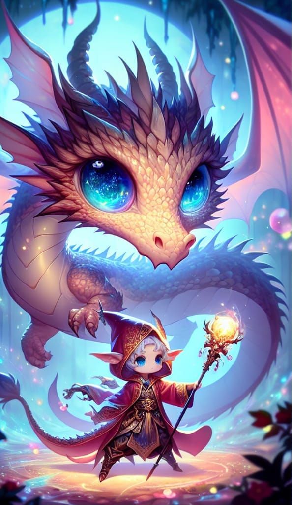 Chibi Dragon and Wizard Casting Spell in Enchanted Forest