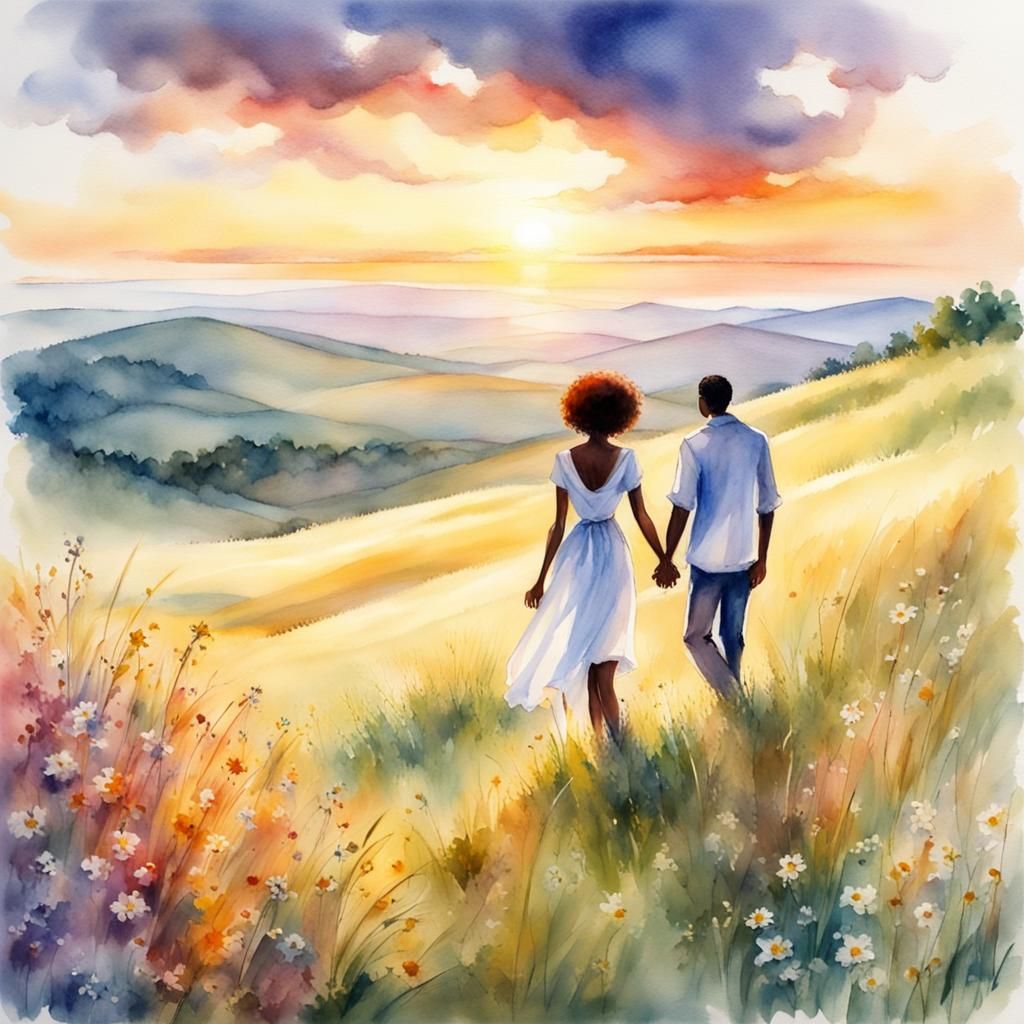 Romantic Sunset Meadow Watercolor Painting of Lovers