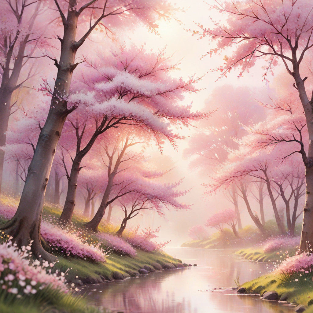 Vibrant Watercolor Sakura Grove Scene