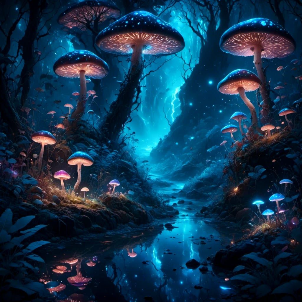 Glowing mushroom forest, stream with bioluminescence, <lora:Dreamy Darkness V1:1.0><lora:eye:1.0><lora:...