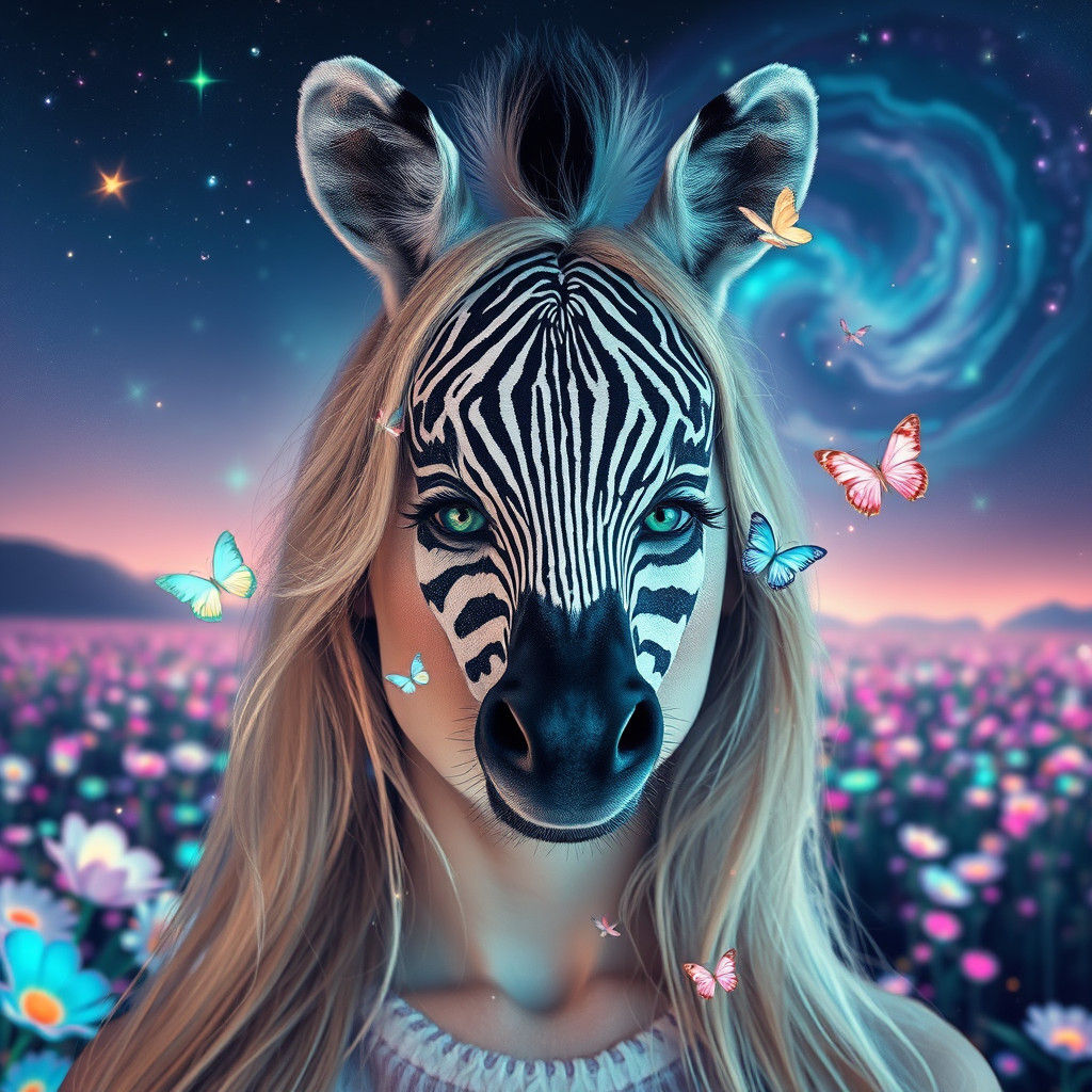 Dreamlike Zebra Portrait with Glowing Flowers, in Digital Ar...