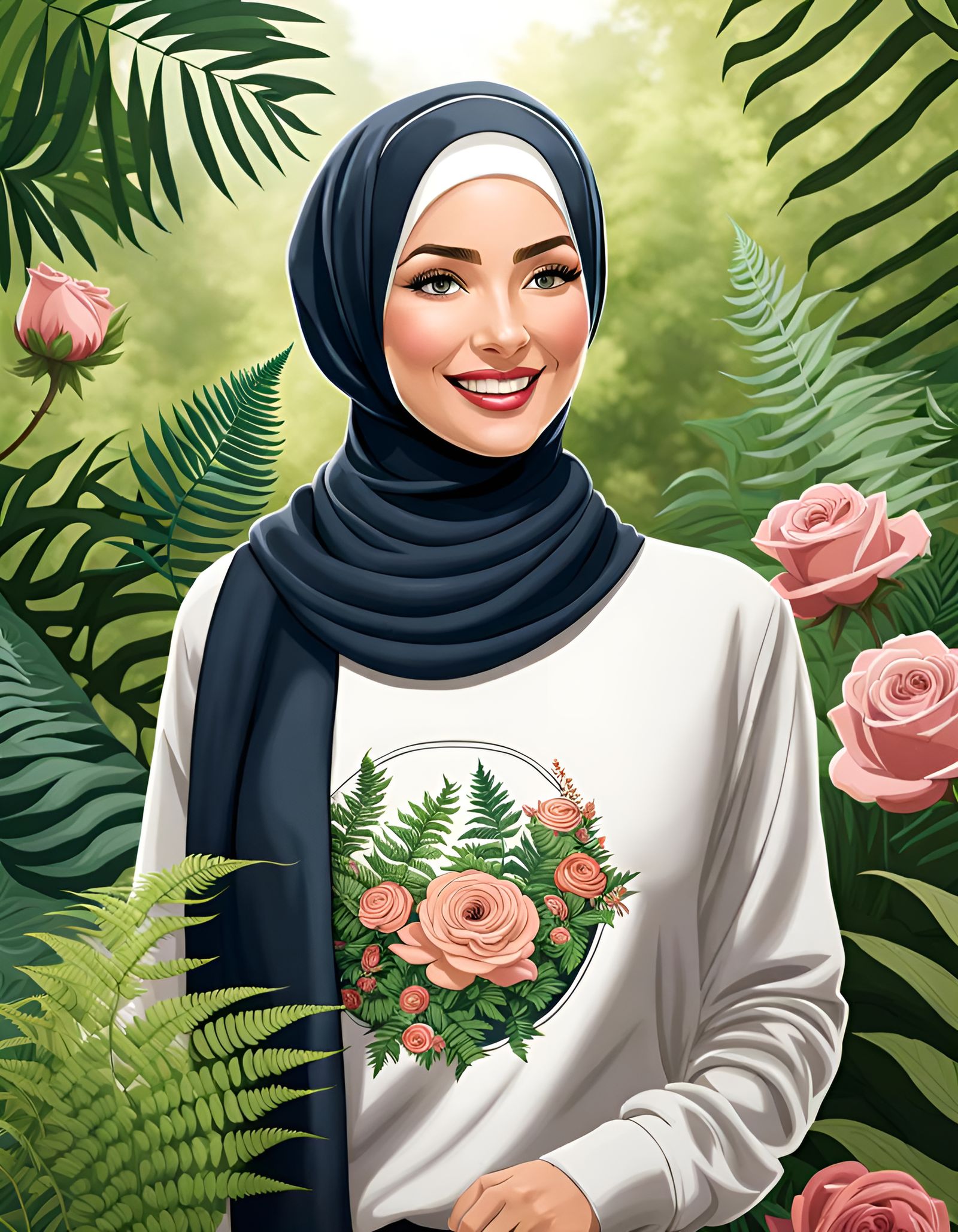 Smiling Woman in Hijab in a Rose Garden