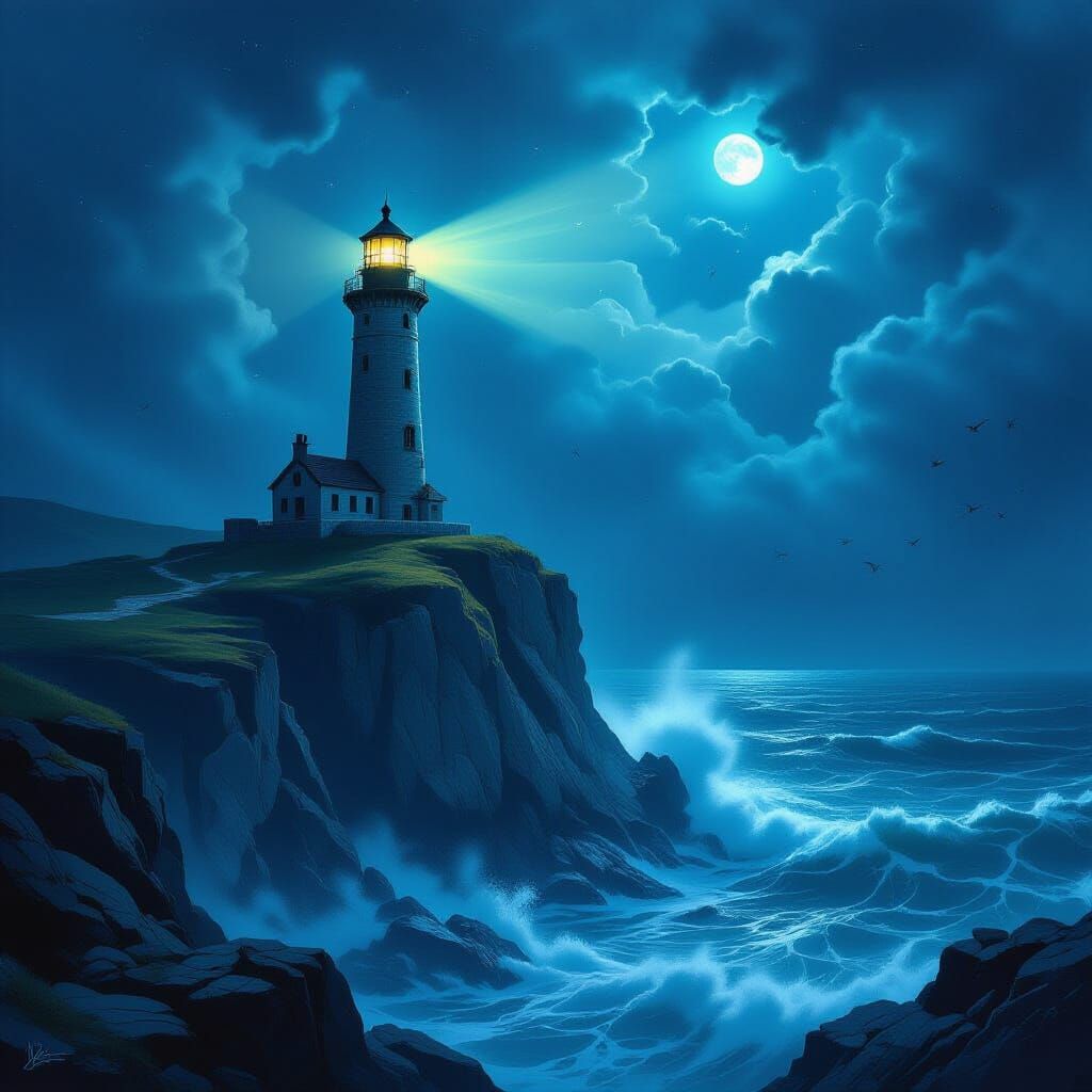 Ancient Lighthouse on Stormy Cliff, Dark Fantasy Art