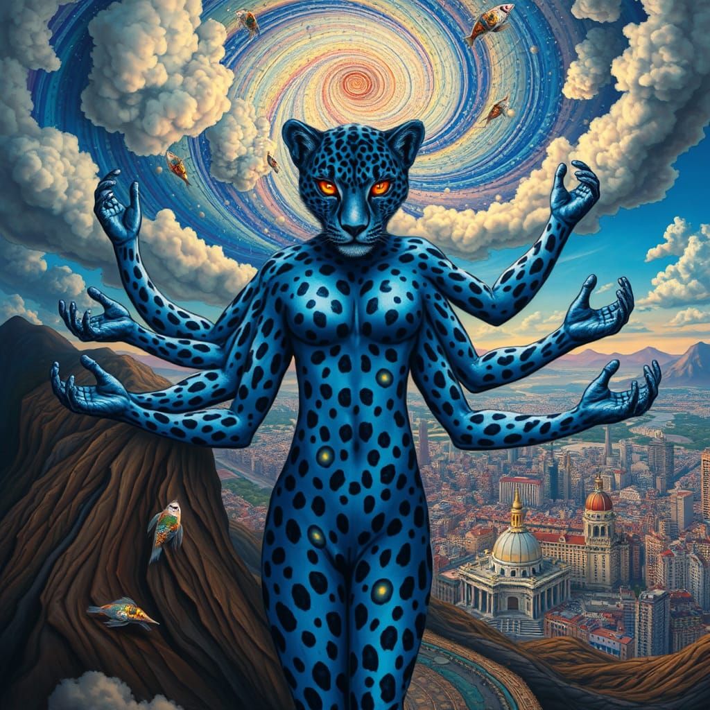 Surreal Blue Leopard Woman in Dreamscape