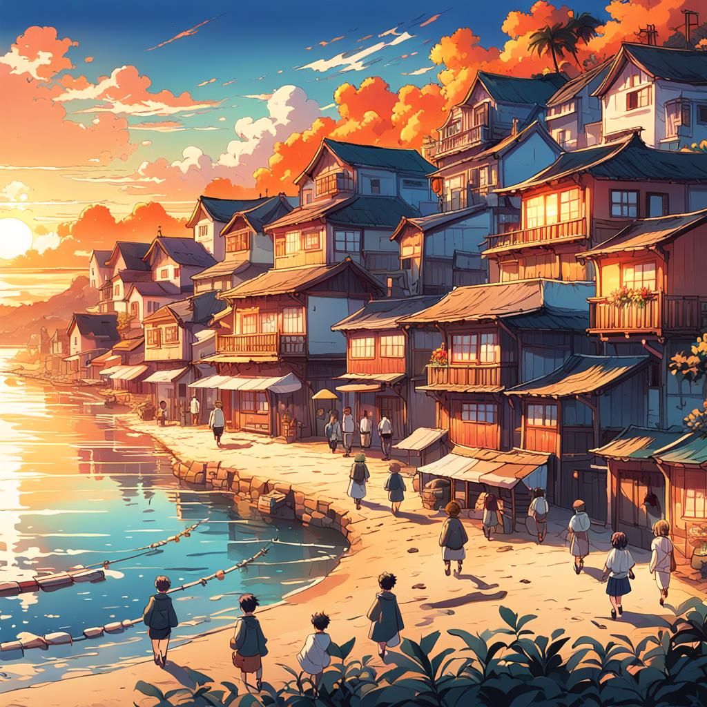 Seaside Village at Sunset in Anime Style