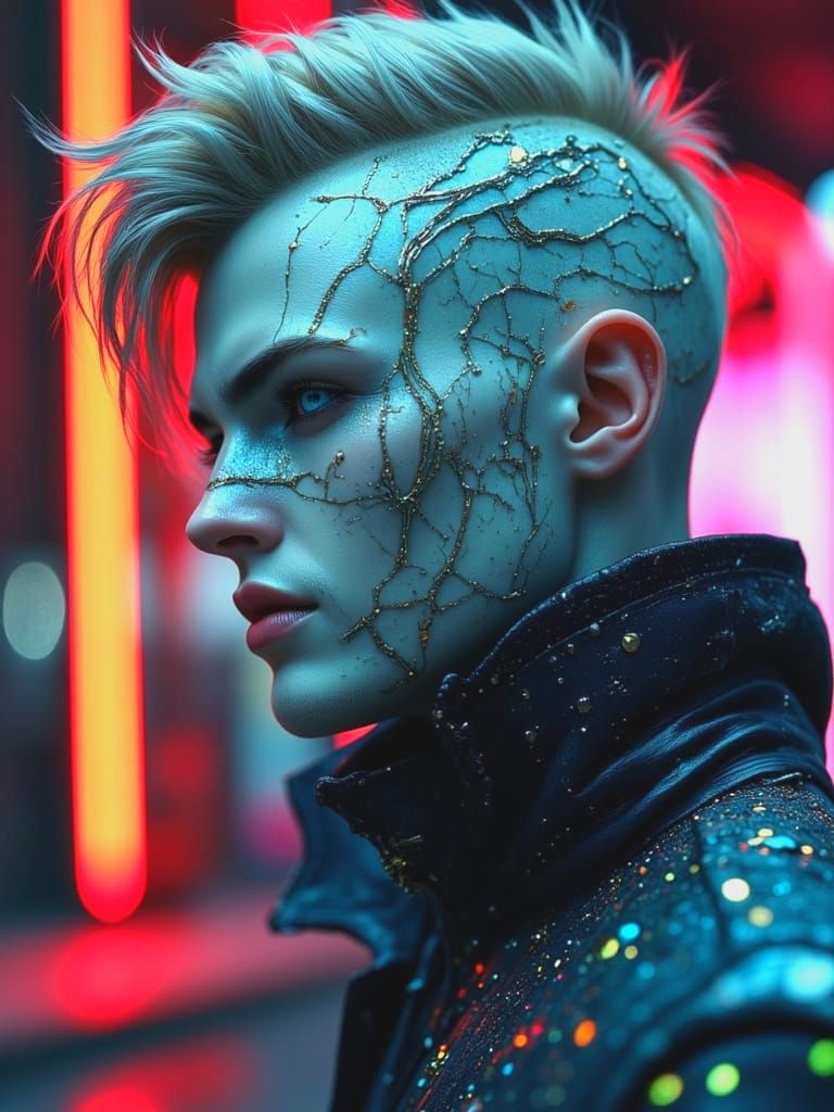 Cyberpunk Male Figure with Cracked Porcelain Skin