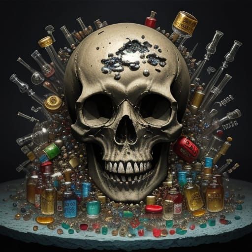 Surreal Skull Overflowing With Melting Pills and Bottles