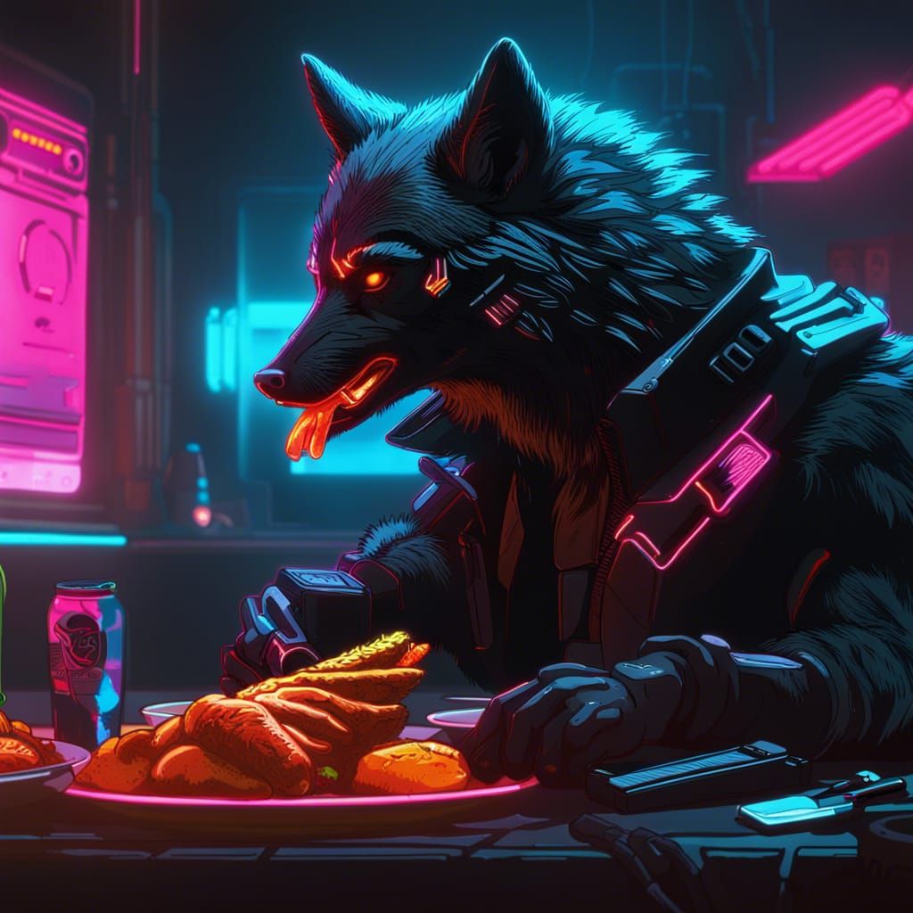 Black Wolf Enjoys Chicken Wings in Cyberpunk City
