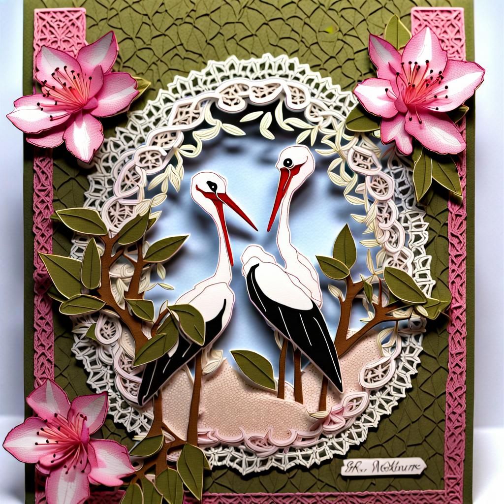 Storks on Rhododendron Card: Intricate Openwork Design