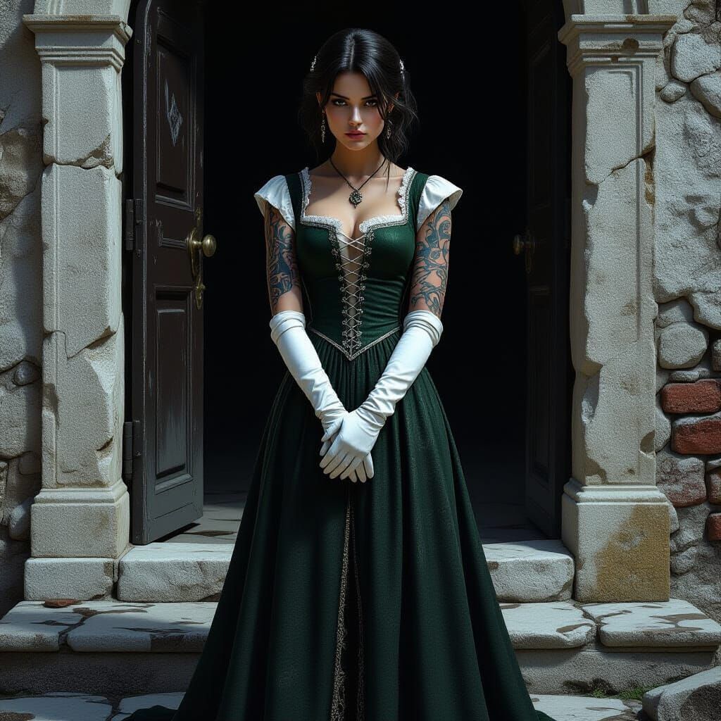 Medieval Noblewoman's Tense Portrait with Tattoos
