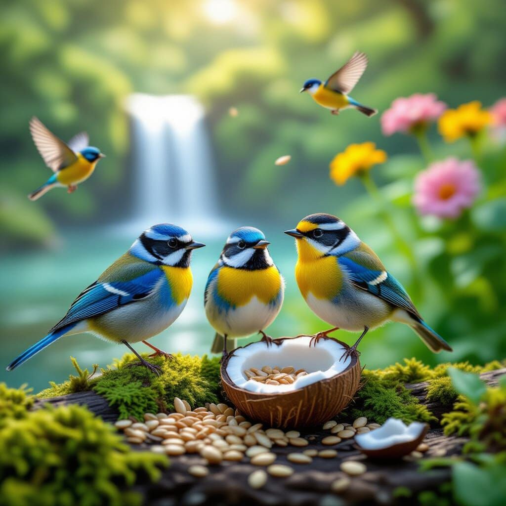 Colorful Birds on Mossy Branch with Coconut Feeder