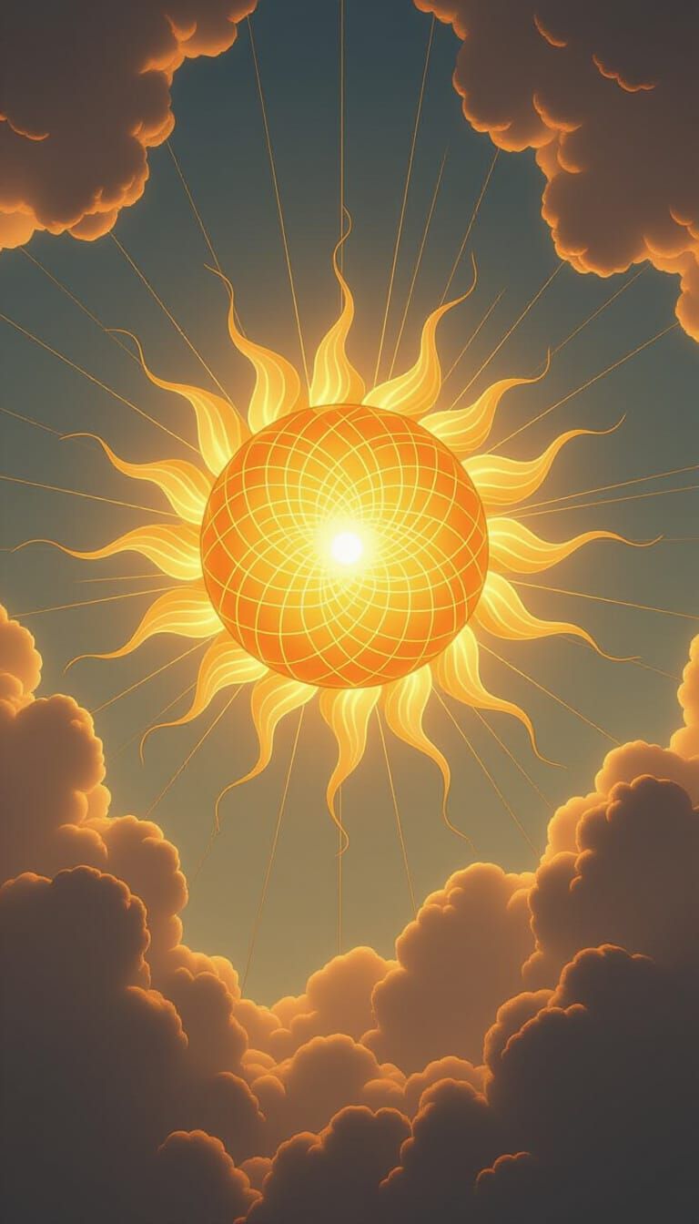 Luminous Sun with Golden Rays in Crystalline Sky