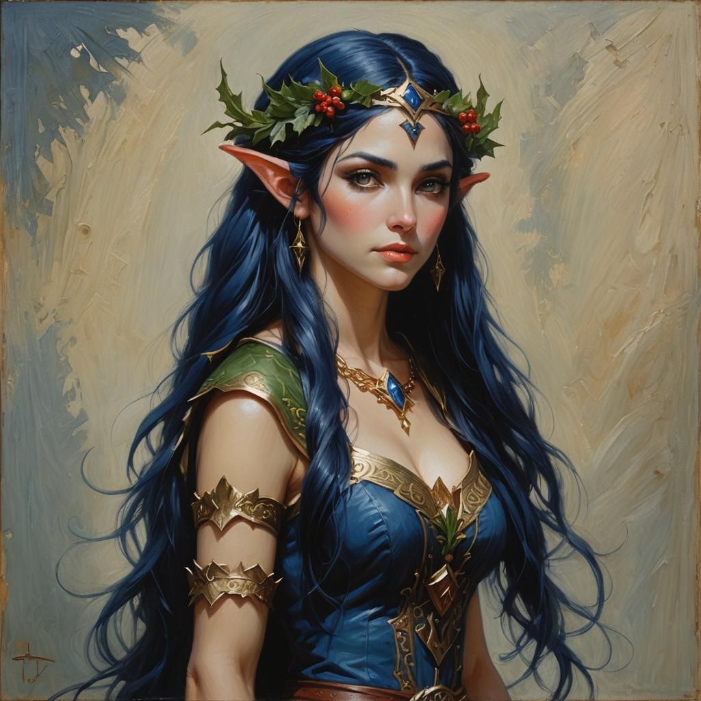 Beautiful Female Elf with Blue Hair as Oil Painting