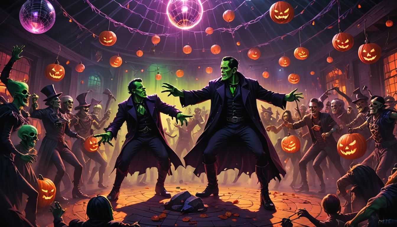 Frankenstein and Witch Dance-Off: Dark Fantasy Illustration