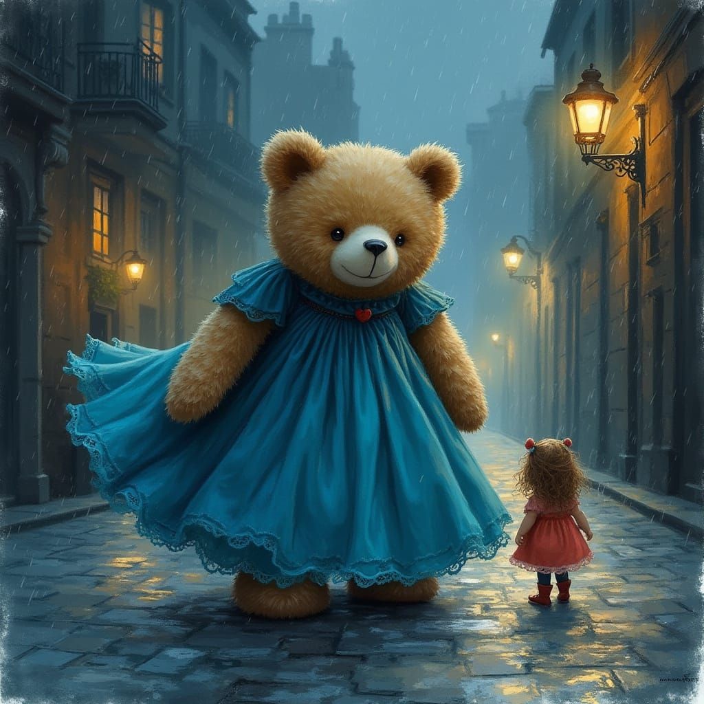 Teddy Bear Protects Child on Dark Street in Watercolor Style