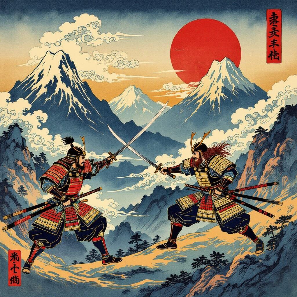 A surreal japanese ukiyo-e woodblock print depicting samurai...