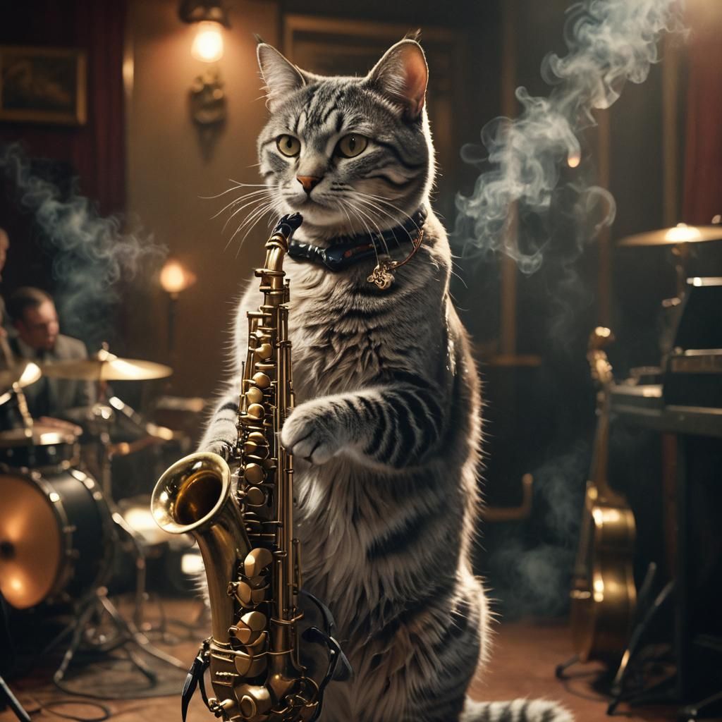 Grey Tabby Cat Saxophonist in Smoky Jazz Club
