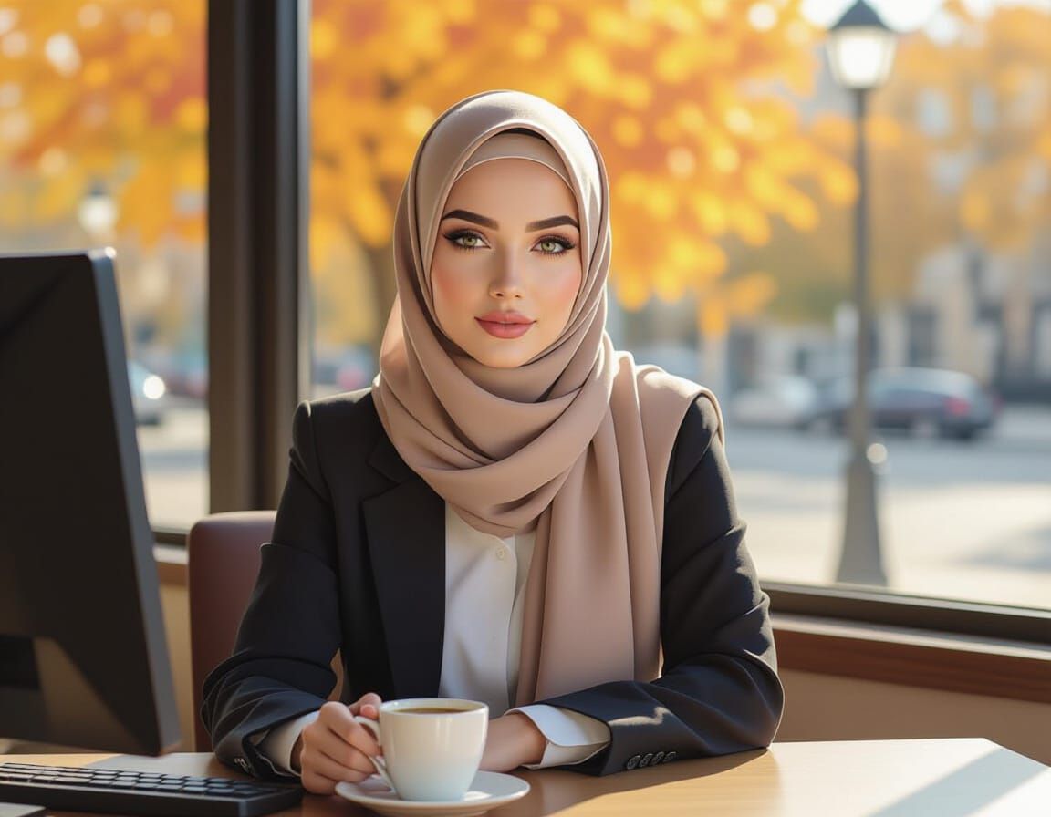 Latvian Hijabi Woman Enjoys Coffee Amidst Autumn Scenery