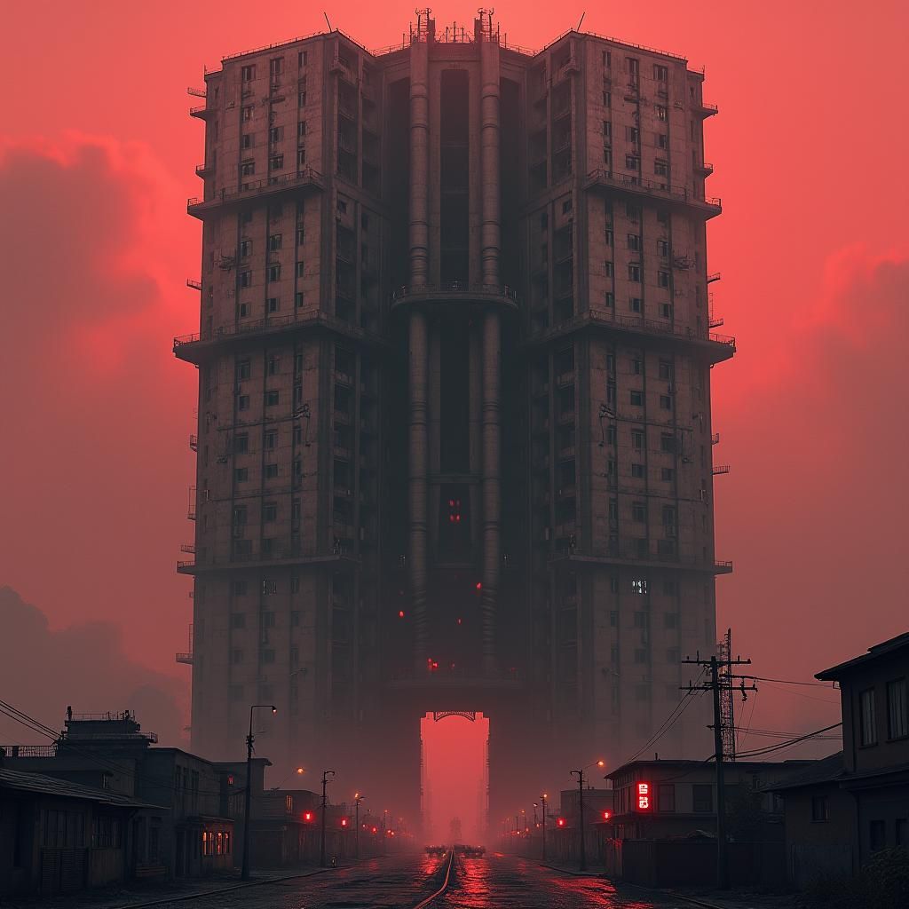 Dystopian Soviet Skyscraper in Grimy Metropolis