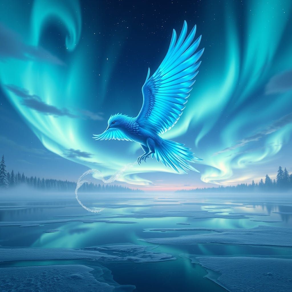 Ethereal Blue Bird in Frosty Night Sky, Anime Style
