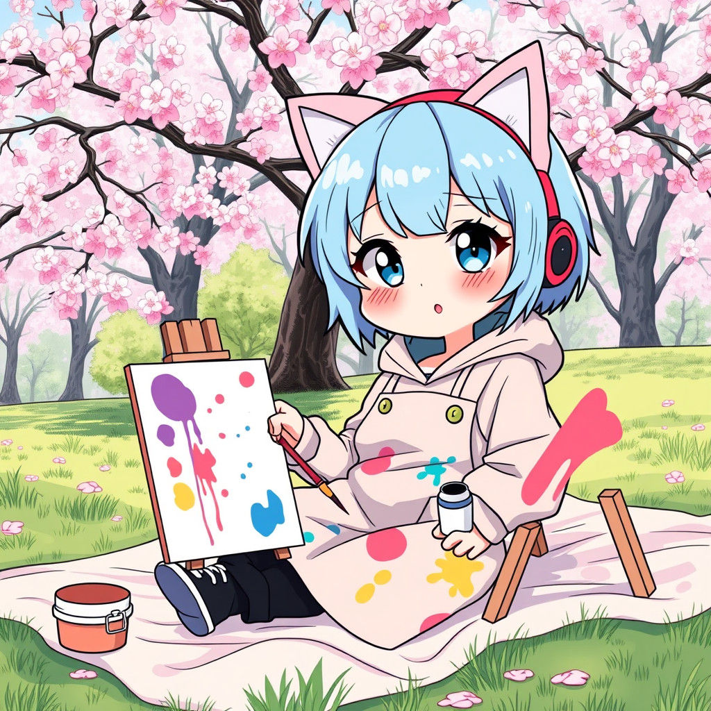 Chibi Painter in Cherry Blossom Park