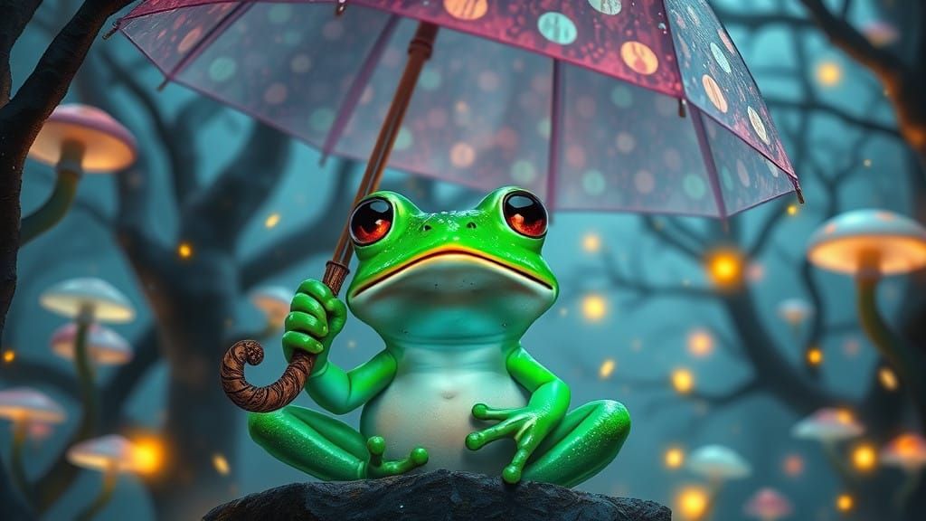 Surreal Woodland Frog Seeks Solace under a Dreamy Polka-Dot...