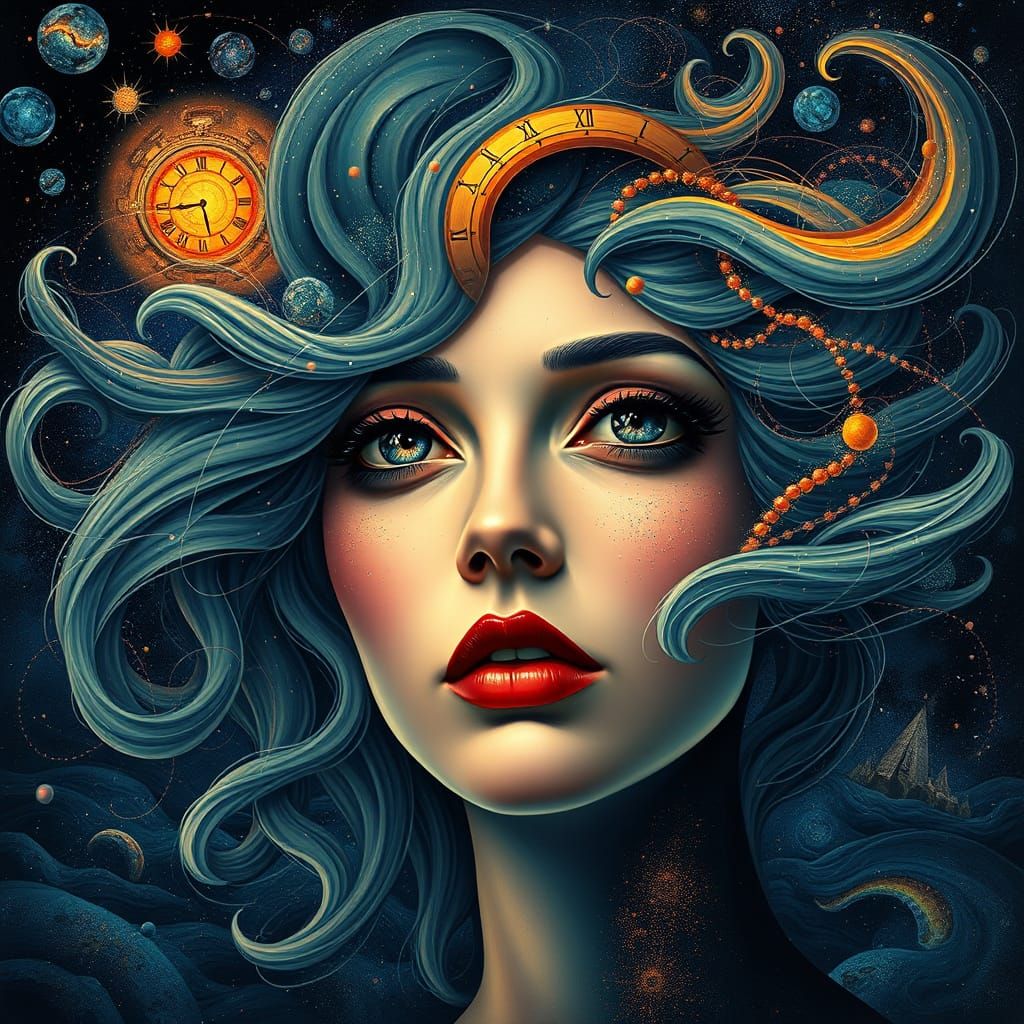 Surreal Woman with Cosmic Hair and Galaxy Eyes