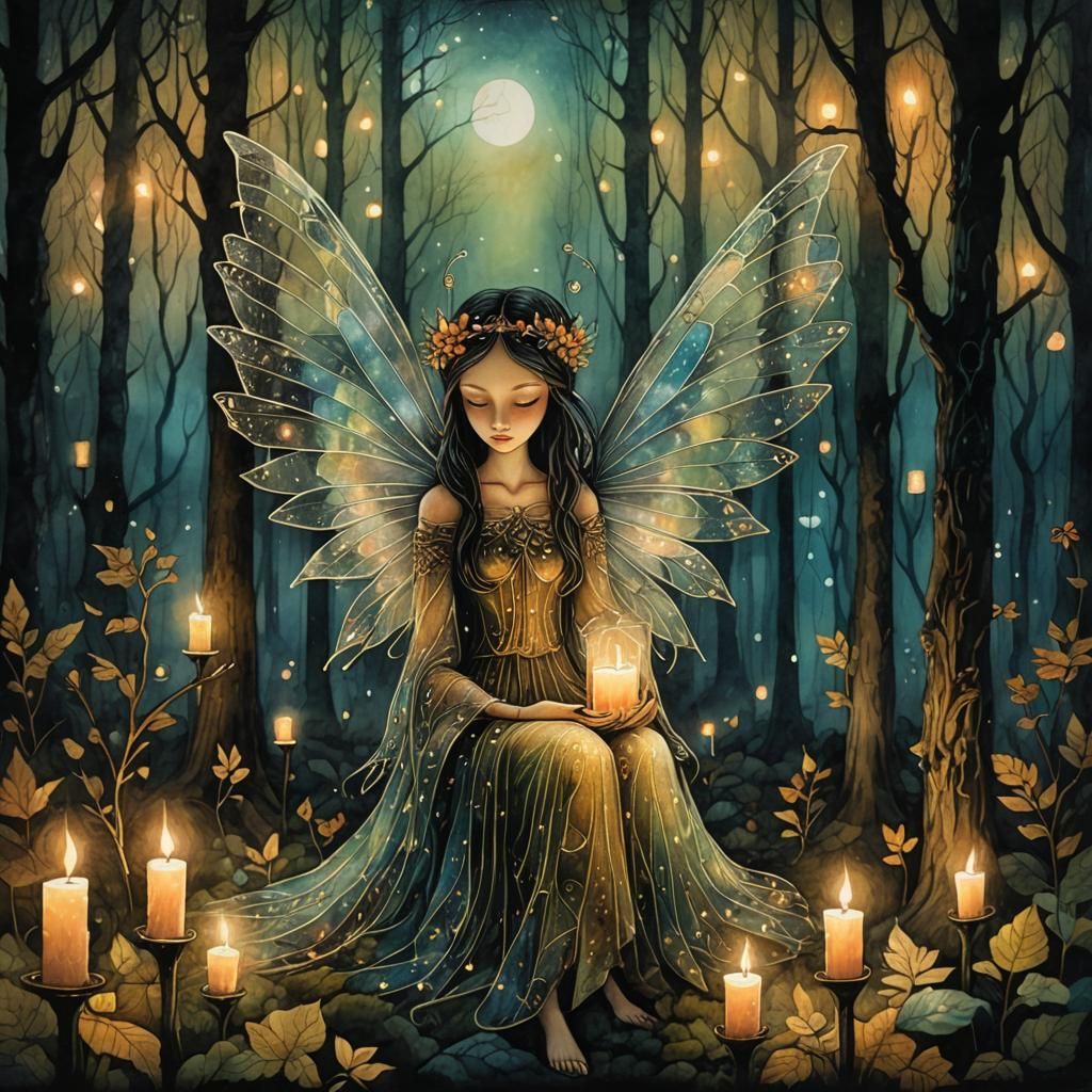 Ethereal Fairy in Candlelit Forest, Art Brut Style