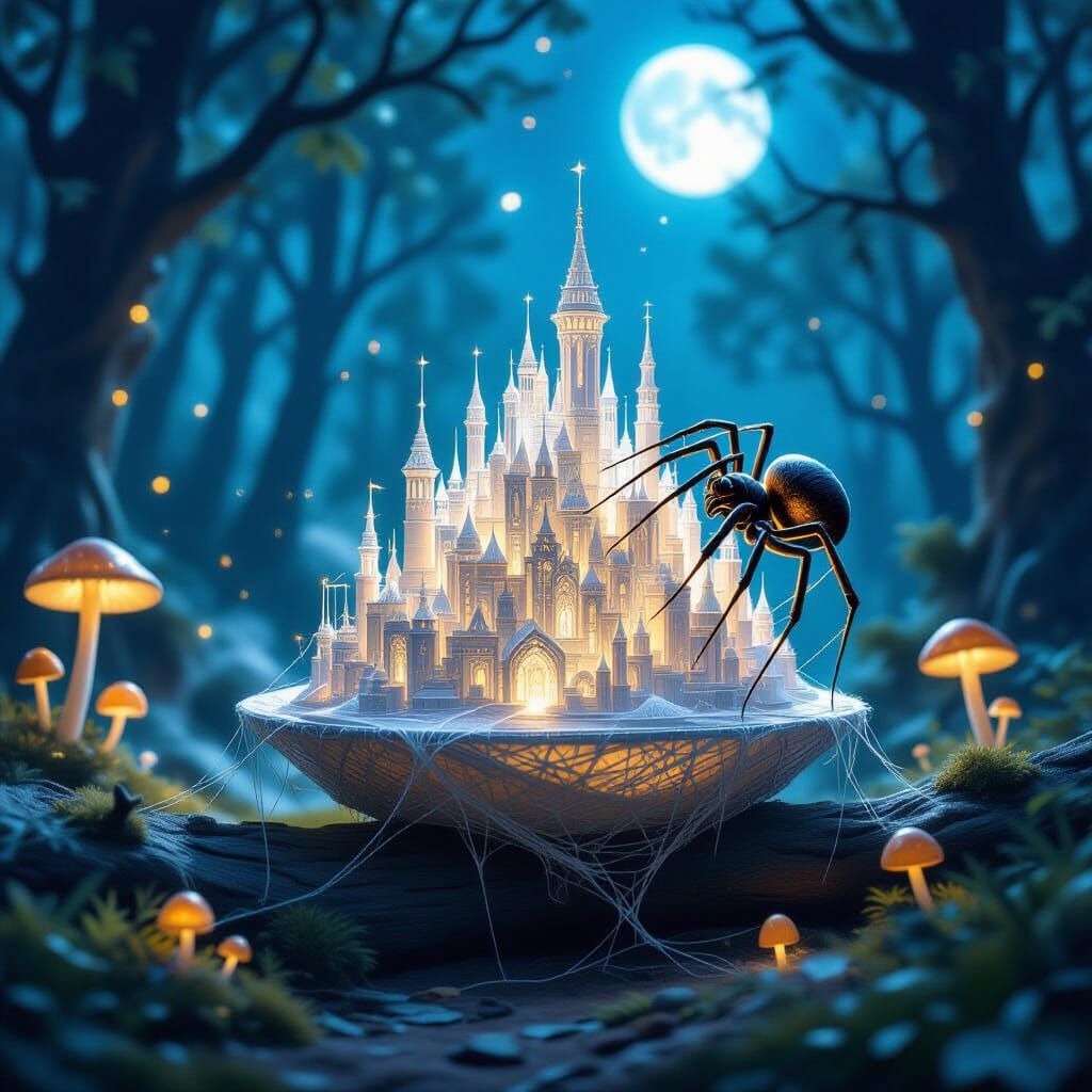 Wise Spider Weaves Intricate Silk Cityscape Sculpture