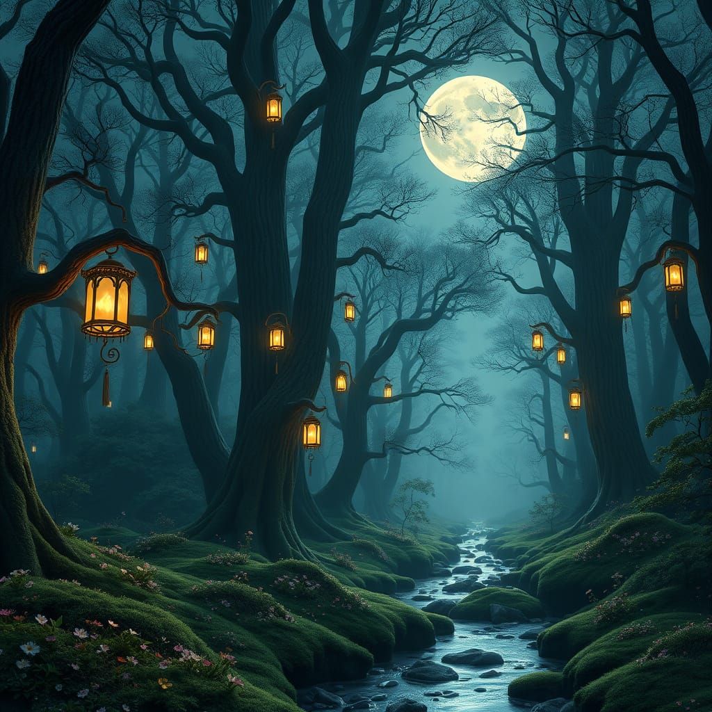 Moonlit Forest with Lanterns, Aesthetic Concept Art