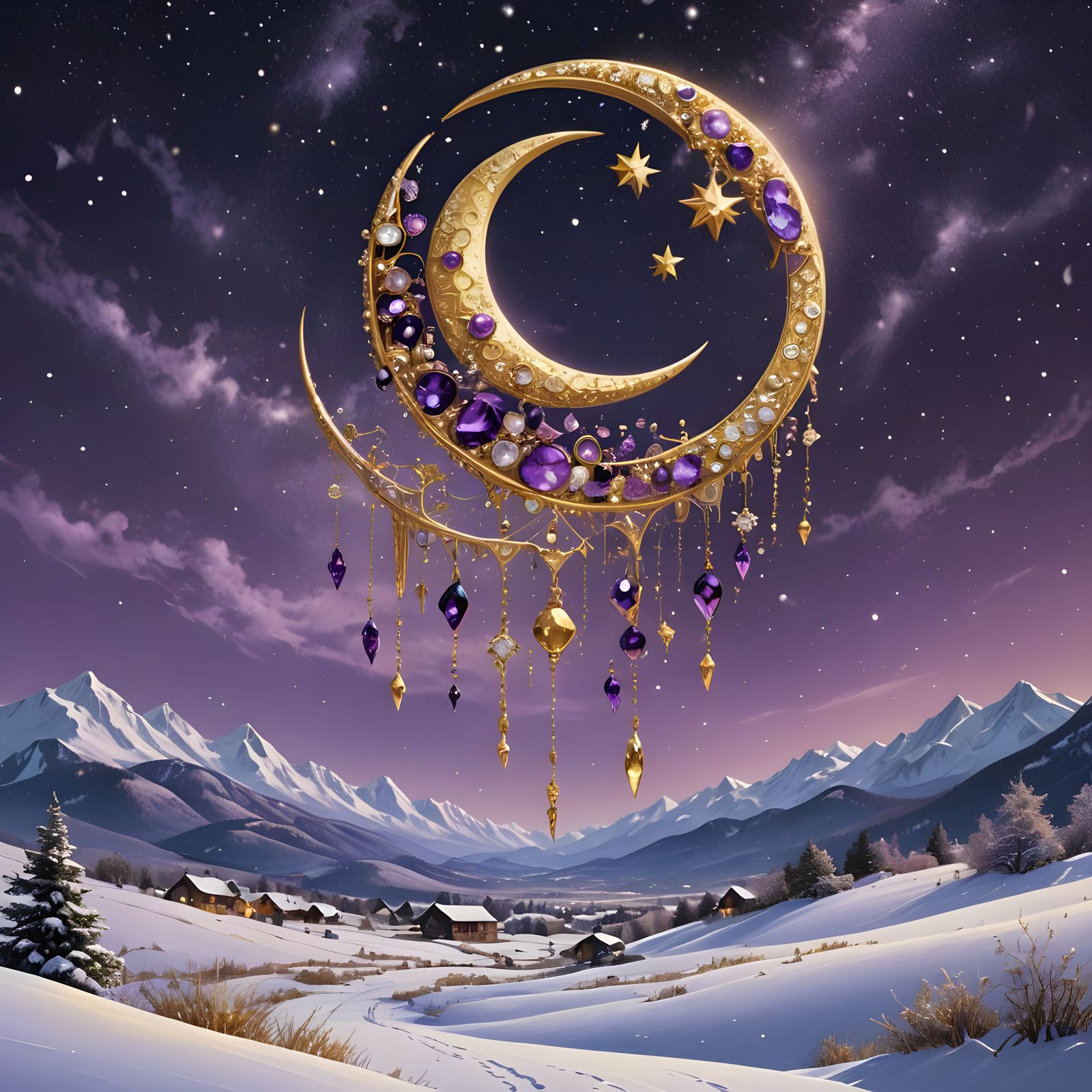 Gem-Encrusted Crescent Moon Over Snowy Field