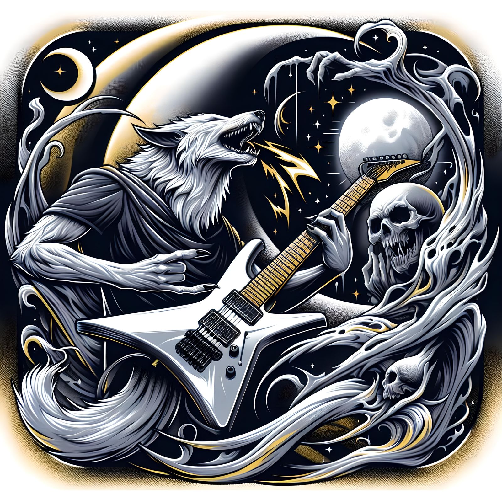 Joyful Lycan Plays Guitar Under Crescent Moon