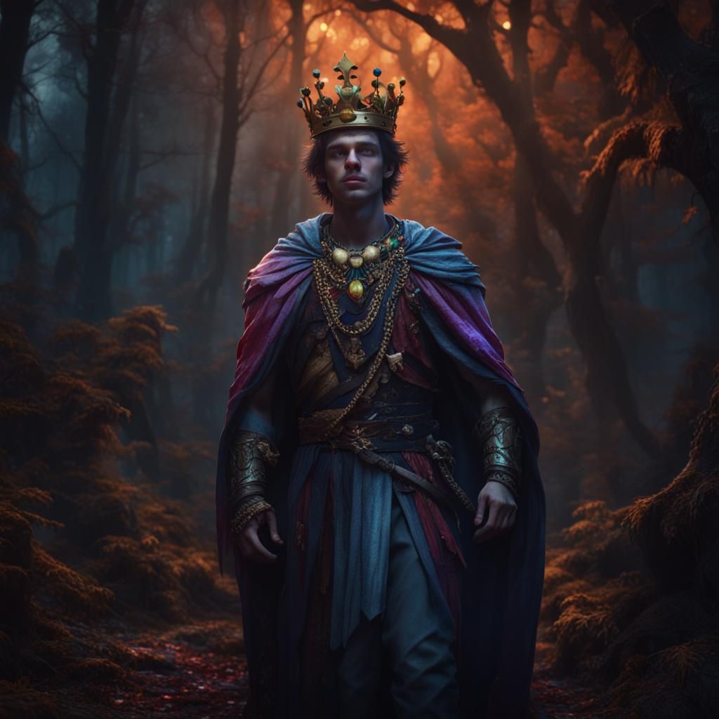 Cinematic Young King in Spooky Forest at Night