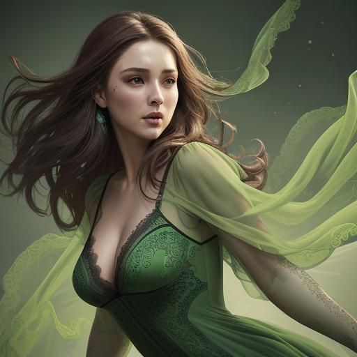 Brunette in Flowing Green Dress: Hyperrealistic Digital Art