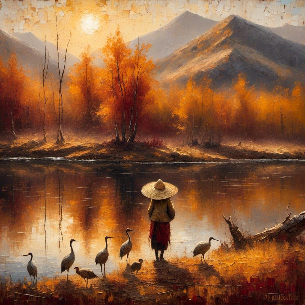 Traveler at Mountain Lake: Impressionist Oil Painting