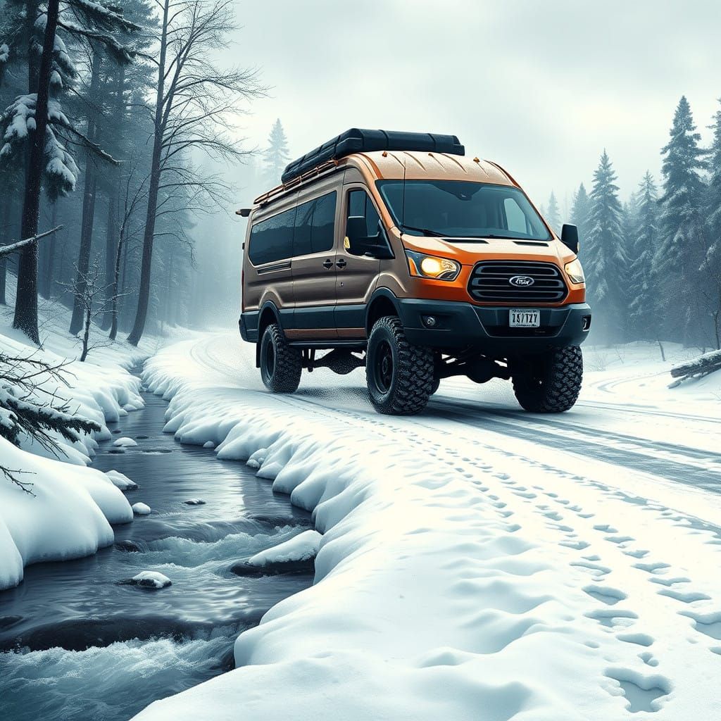 Rugged Ford 4x4 Van Speeds Down Snowy Country Road