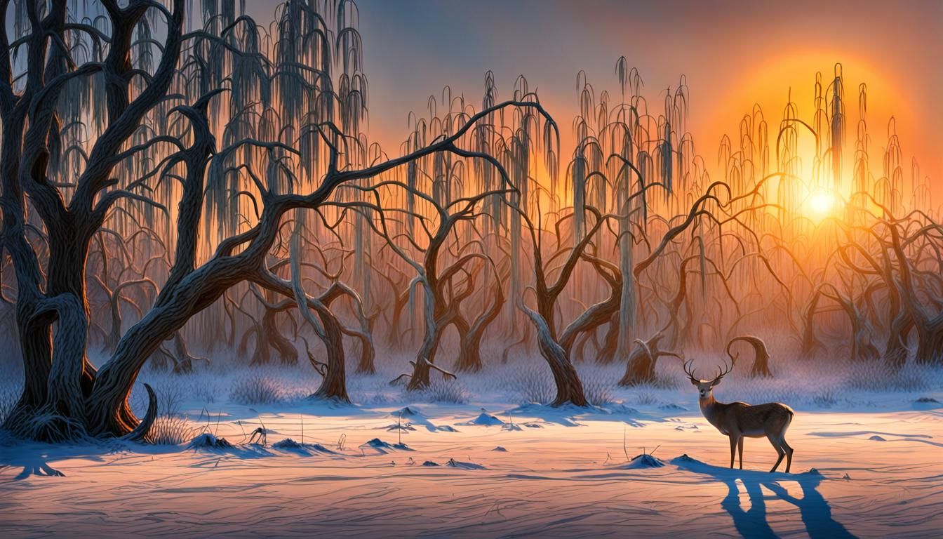 Frozen Willow Forest at Sunset with One-Antlered Stag