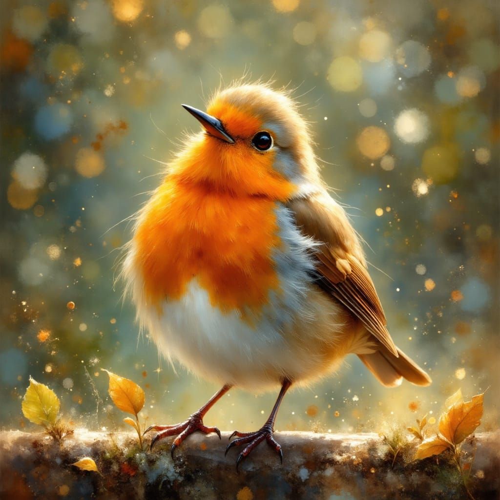 Adorable Chibi Robin Bird with Sparkles and Bokeh