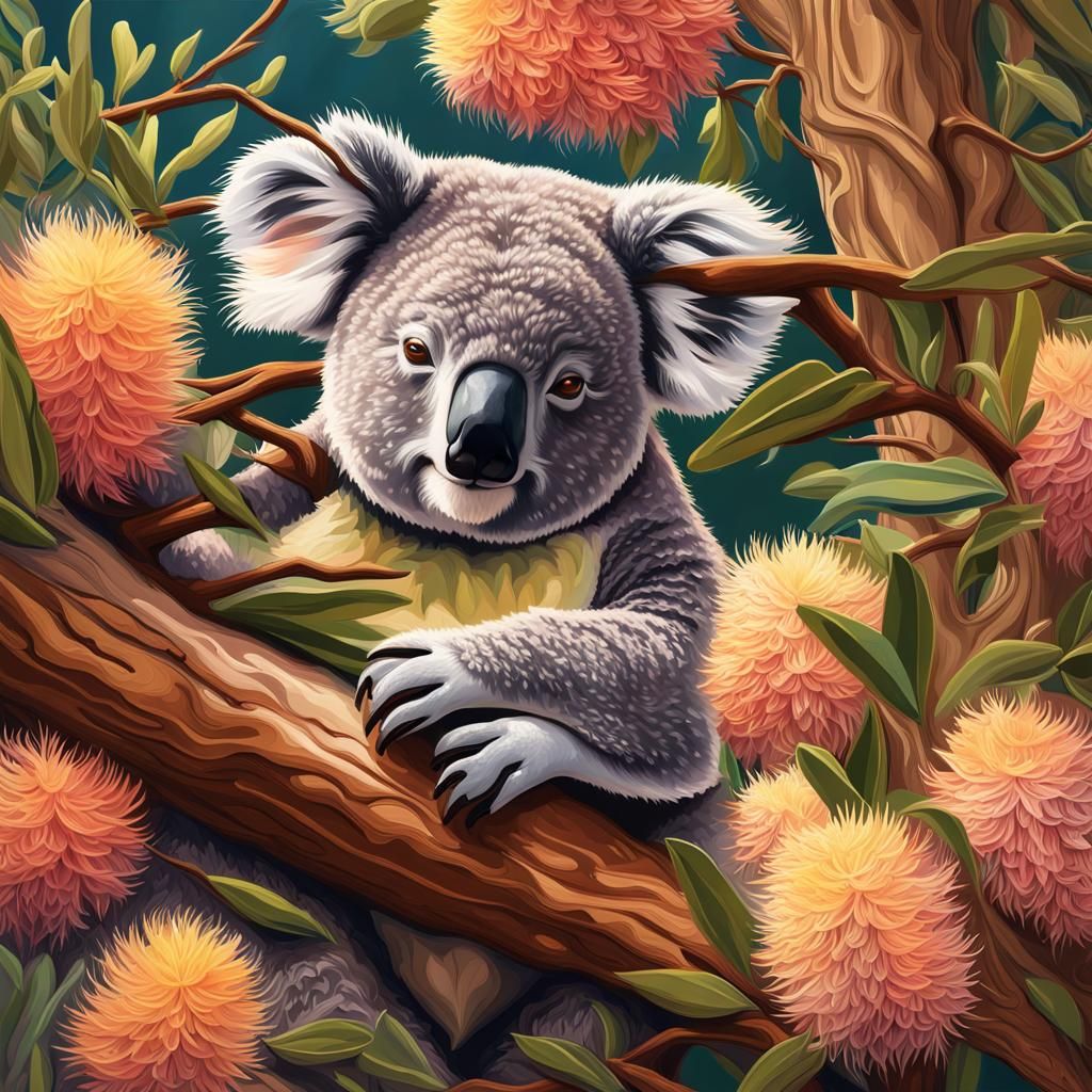 Koala Asleep in Banksia Tree: Hyperrealistic Splash Art
