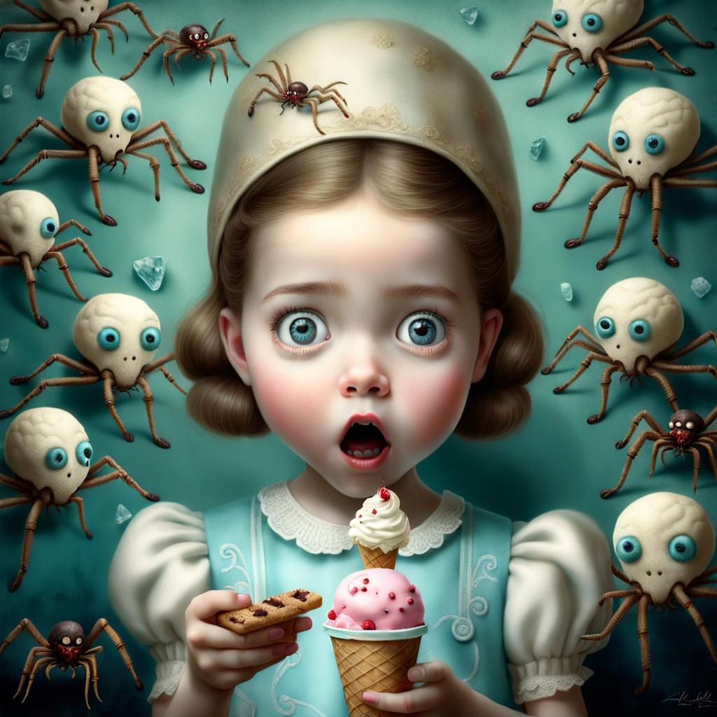Surprised Girl with Spider Ice Cream: Photorealistic Close-U...