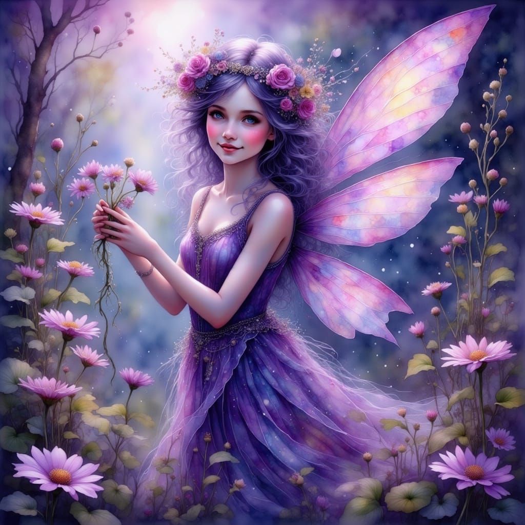 Whimsical Purple Fairy in Dreamlike Forest Glade