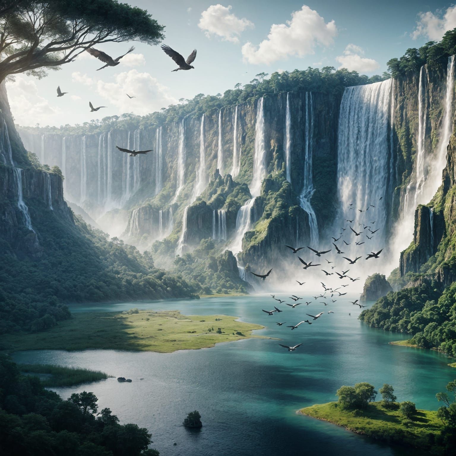 Majestic Waterfall with Prehistoric Birds in 3D