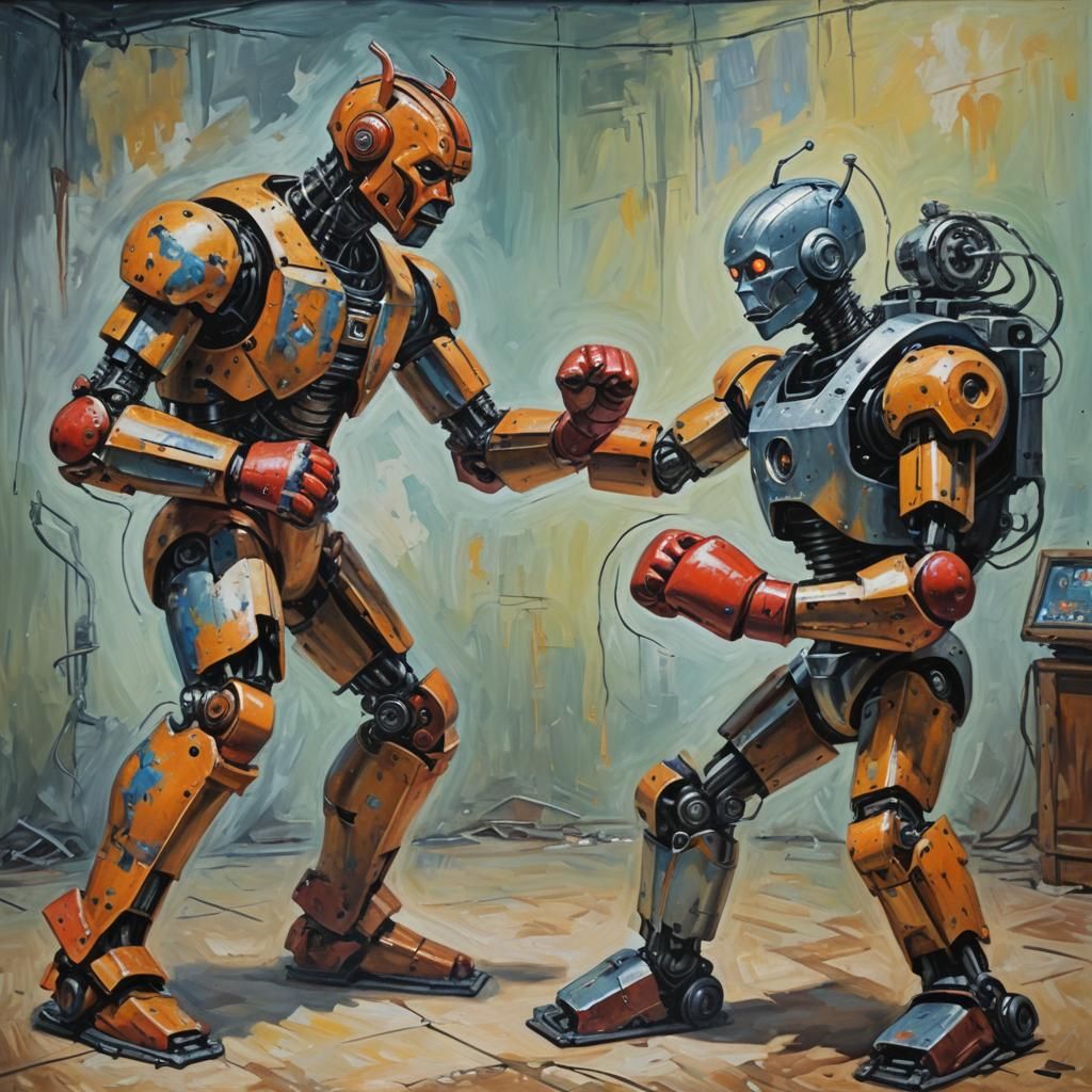 Boxer Versus Robot: Vivid Oil Painting