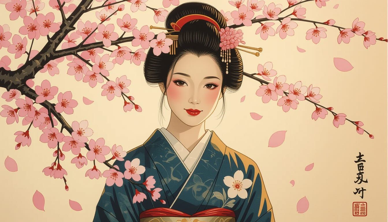 Serene Woman in Cherry Blossoms, Japanese Art Style
