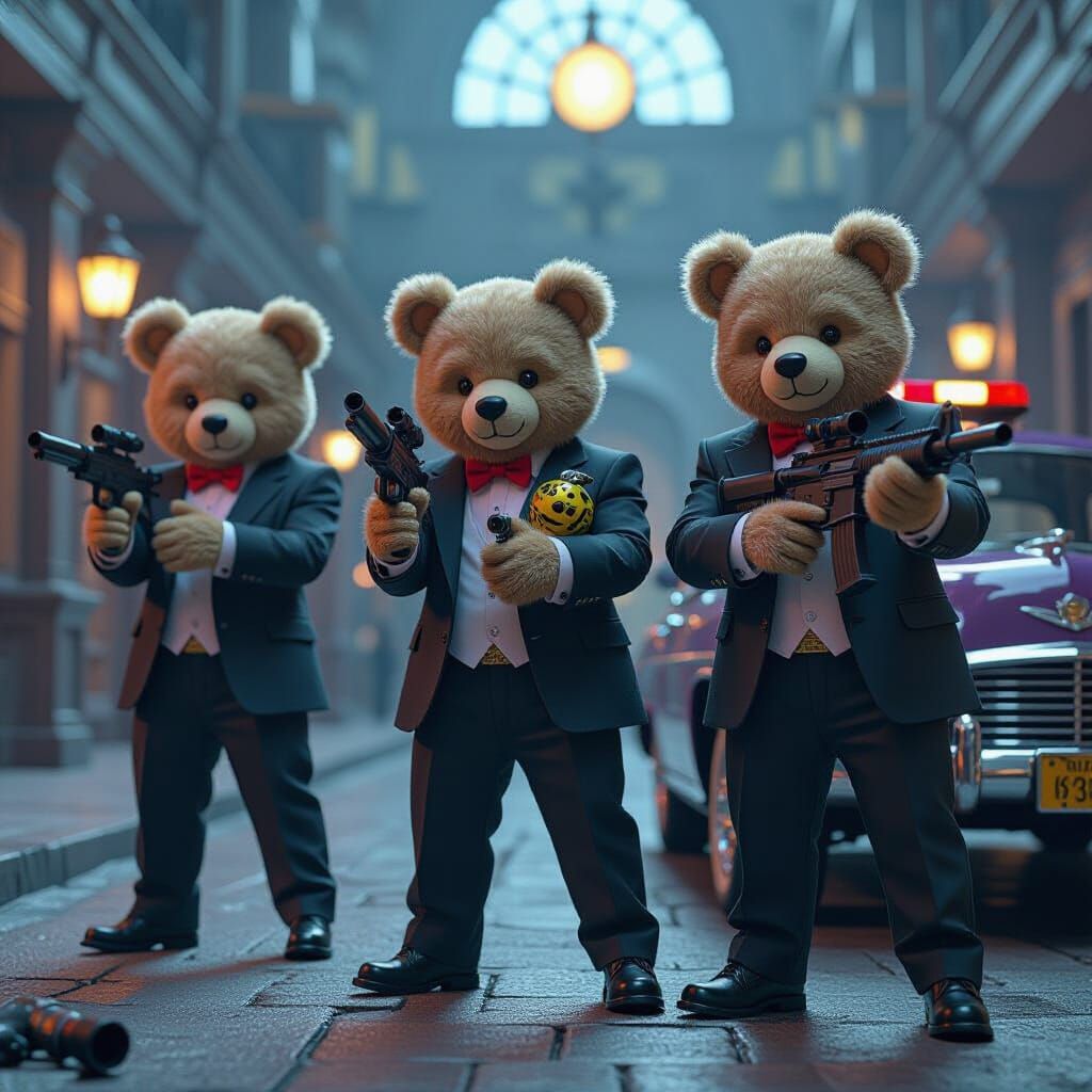 Teddy Bears Robbing Bank with Bomb in Dark Fantasy