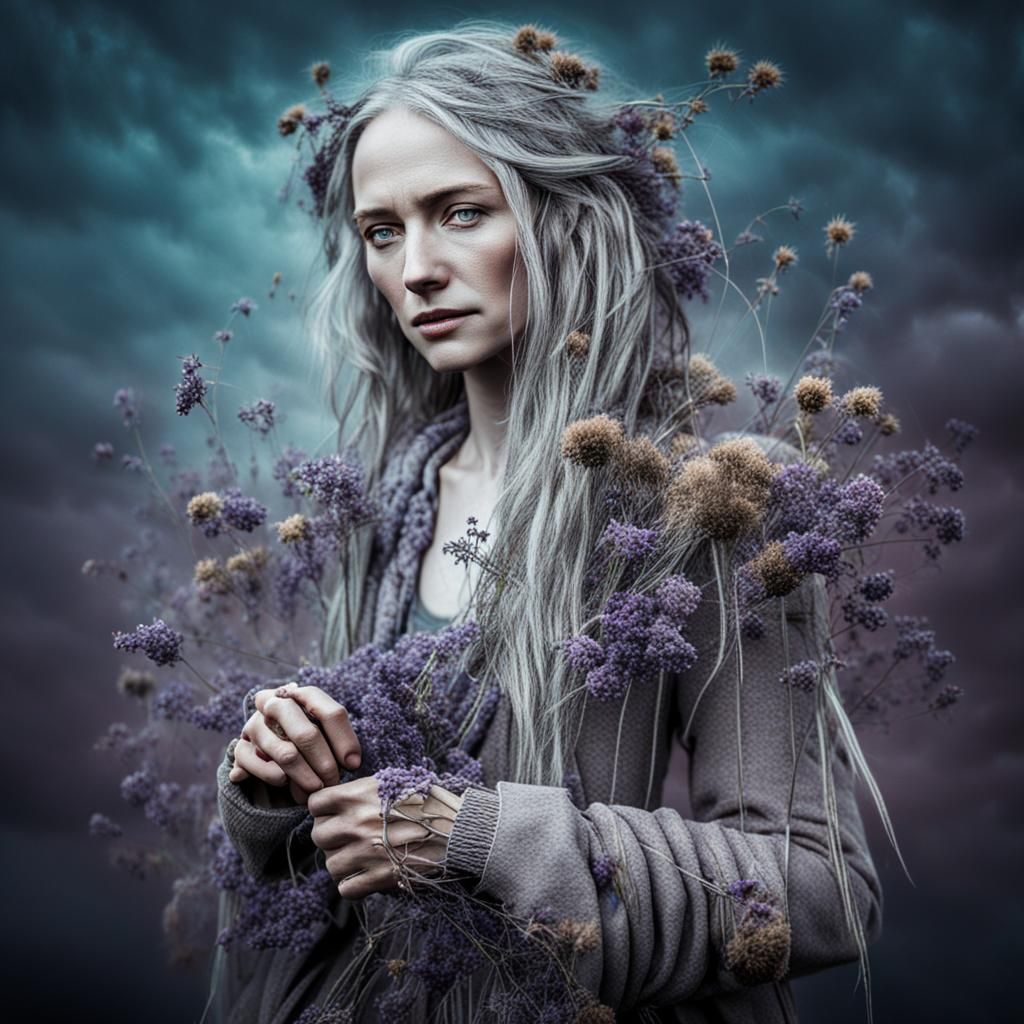 Woman in Windswept Field Under Dark Skies