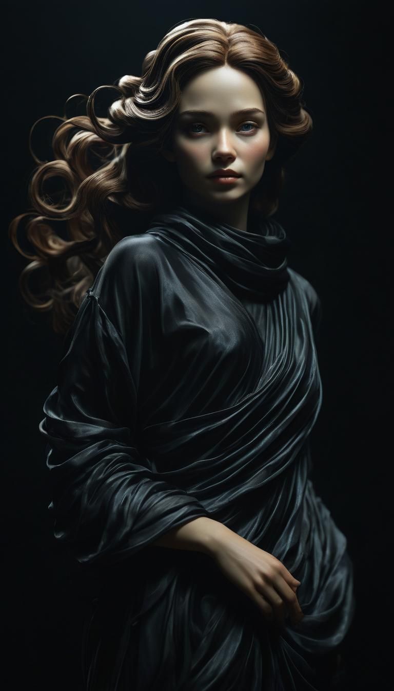 Elegant Silk Woman in Atmospheric Darkness