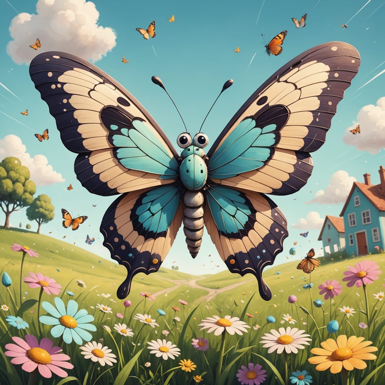 Confused Butterfly in Dreamy Meadow: Digital Illustration